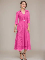 A-line V-Neck Tea-Length Chiffon Mother of the Bride Dress