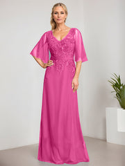 A-line V-Neck Floor-Length Lace Chiffon Mother of the Bride Dress With Sequins Beading