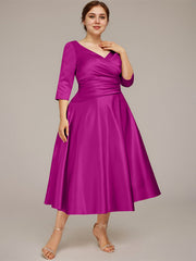 A-line V-Neck Tea-Length Satin Mother of the Bride Dress With Pleated