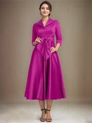 A-line V-Neck Collared Tea-Length Satin Mother of the Bride Dress