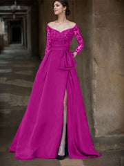 A-Line Off-The-Shoulder 3/4 Sleeves Sweep Train Lace/Satin Mother Of The Bride Dresses With Split Front