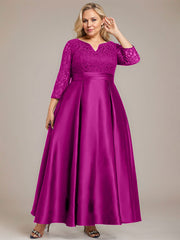 A-line V-Neck Ankle-Length Lace Satin Mother of the Bride Dress With Rhinestone