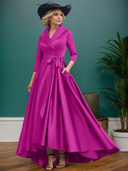 A-Line V-Neck 3/4 Sleeves Satin Mother Of The Bride Dresses With Pockets