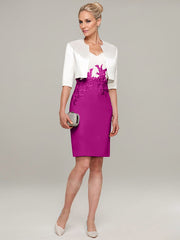 Sheath/Column V-Neck Knee-Length Satin Mother of the Bride Dress With Jacket Appliqued