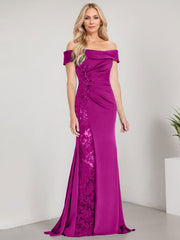 A-Line Off the Shoulder Floor-Length Chiffon Mother of the Bride Dress Applique Beadings Mermaid Dress With  High Split