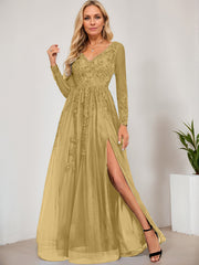 A-line V-Neck Floor-Length Tulle Prom Dresses With Sequins Appliques Lace Beading