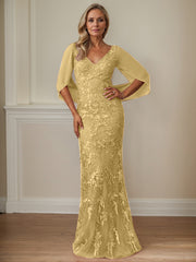 Sheath V-Neck Floor-Length Tulle Mother of the Bride Dress