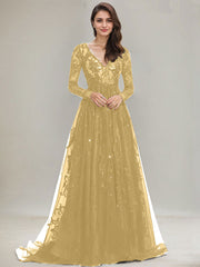 Ball-Gown/Princess V-Neck Sweep Train Tulle Lace Evening Dress With Sequins
