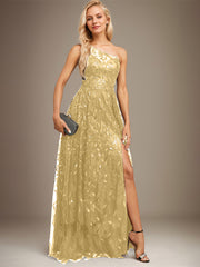 A-line One Shoulder Illusion Floor-Length Sequin Lace Evening Dress