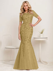 Floral Sequin Print Maxi Long Fishtail Tulle Mother Of The Bride Dresses