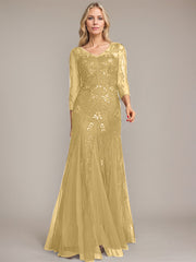 Trumpet/Mermaid Illusion V-Neck Floor-Length Tulle Sequin Lace Mother of the Bride Dress
