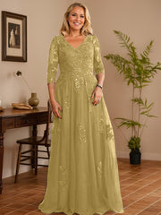 A-line V-Neck Floor-Length Tulle Lace Mother of the Bride Dress With Sequins