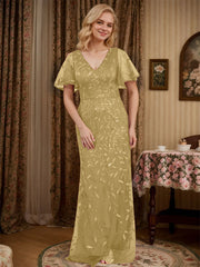 Sheath V-neck Short Sleeves Floor-Length Lace Mother of the Bride Dress