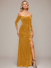 Sheath/Column Off the Shoulder Floor-Length Velvet Evening Dress With Cascading Ruffles