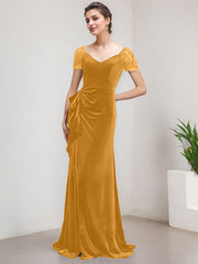 Sheath/Column V-Neck Sweep Train Velvet Evening Dress With Cascading Ruffles Beading