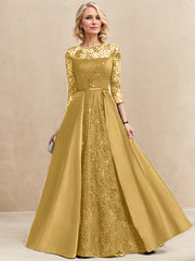 A-line Scoop Illusion Floor-Length Satin Lace Evening Dress With Sequins