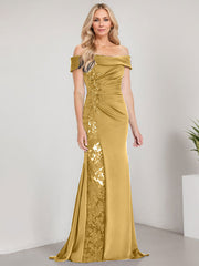 A-Line Off the Shoulder Floor-Length Chiffon Mother of the Bride Dress Applique Beadings Mermaid Dress With  High Split