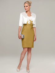 Sheath/Column V-Neck Knee-Length Satin Mother of the Bride Dress With Jacket Appliqued