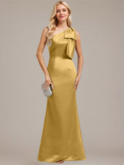 Sheath/Column One Shoulder Floor-Length Satin Evening Dress With Bow Pleated