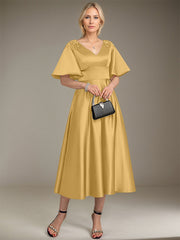 A-line V-Neck Tea-Length Satin Mother of the Bride Dress With Beading