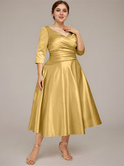A-line V-Neck Tea-Length Satin Mother of the Bride Dress With Pleated