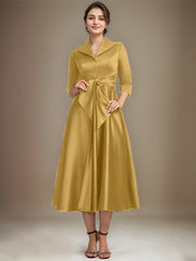 A-line V-Neck Collared Tea-Length Satin Mother of the Bride Dress