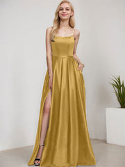 A-line Square Floor-Length Satin Evening Dress