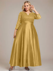 A-line V-Neck Ankle-Length Lace Satin Mother of the Bride Dress With Rhinestone