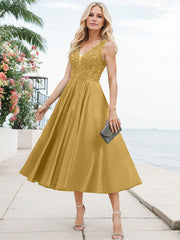 A-Line V-Neck Sleeveless Tea-Length Satin Mother Of The Bride Dresses With Lace