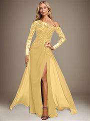 Trumpet/Mermaid Asymmetrical Illusion Floor-Length Lace Chiffon Evening Dress With Sequins