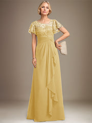 A-line Asymmetrical Illusion Floor-Length Lace Chiffon Mother of the Bride Dress With Cascading Ruffles Sequins