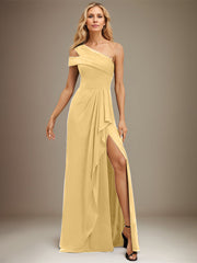Sheath/Column Cold Shoulder One Shoulder Floor-Length Chiffon Evening Dress With Cascading Ruffles