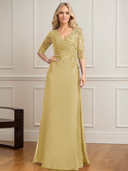 A-line V-Neck Floor-Length Lace Chiffon Mother of the Bride Dress With Pleated Sequins