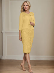 Sheath/Column Scoop Knee-Length Chiffon Lace Mother of the Bride Dress With Beading