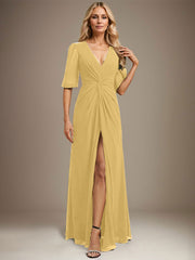 A-line V-Neck Floor-Length Chiffon Evening Dress With Pleated