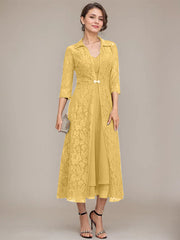 A-line V-Neck Tea-Length Chiffon Mother of the Bride Dress