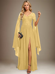 A-line V-Neck Floor-Length Lace Chiffon Evening Dress