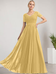 A-line V-Neck Floor-Length Lace Chiffon Mother of the Bride Dress