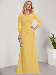 Sheath/Column V-Neck Illusion Floor-Length Lace Chiffon Mother of the Bride Dress With Pleated Sequins