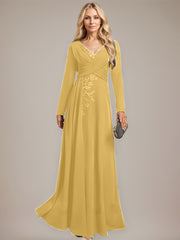 A-line V-Neck Floor-Length Stretch Crepe Evening Dress With Pleated Sequins Appliques Lace