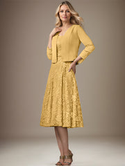 A-line V-Neck Knee-Length Chiffon Lace Mother of the Bride Dress With Beading Sequins