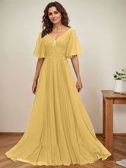 A-line V-Neck Floor-Length Chiffon Mother of the Bride Dress With Sequins Appliques Lace Pleated