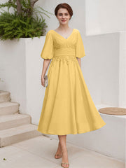 A-Line V-Neck 1/2 Sleeves Chiffon Mother Of The Bride Dresses With Lace