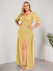 Sheath/Column V-Neck Floor-Length Lace Chiffon Mother of the Bride Dress With Sequins