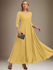 A-line V-Neck Ankle-Length Chiffon Lace Mother of the Bride Dress With Rhinestone