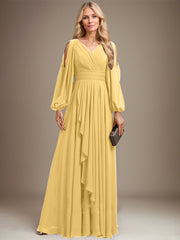 A-line Cold Shoulder V-Neck Floor-Length Chiffon Mother of the Bride Dress With Cascading Ruffles Beading