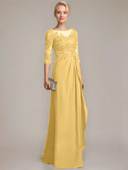 A-line Scoop Illusion Floor-Length Chiffon Lace Mother of the Bride Dress With Beading Sequins Cascading Ruffles