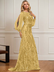 Trumpet/Mermaid Boat Neck Illusion Sweep Train Chiffon Sequin Evening Dress