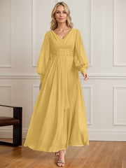 A-line V-Neck Ankle-Length Chiffon Mother of the Bride Dress With Cascading Ruffles Beading Sequins