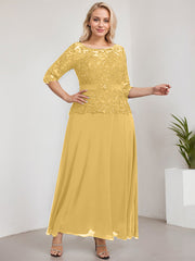 A-line Scoop Illusion Ankle-Length Chiffon Lace Mother of the Bride Dress With Rhinestone Beading